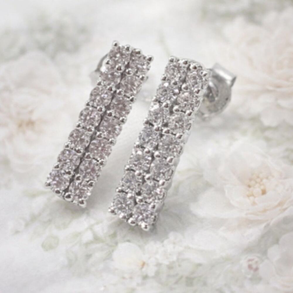 VTG Sterling Silver Bar Earrings Clear Gemstone Rhinestones 925 3/4 in. long